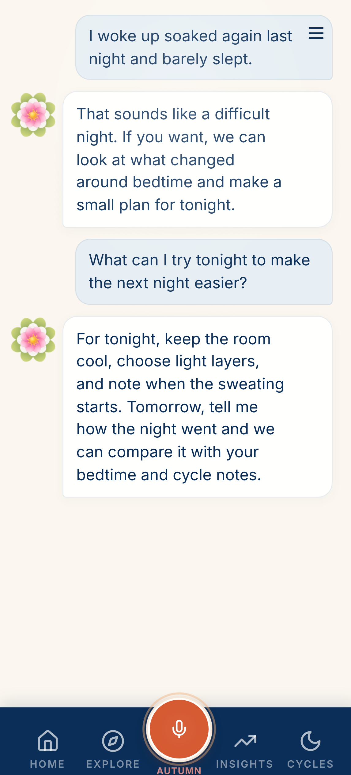 The Change Autumn conversation screen showing a private coaching exchange