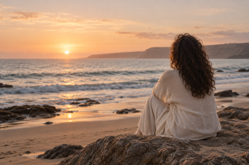 Atmospheric editorial photograph of a woman seen from behind looking toward the ocean at sunset.