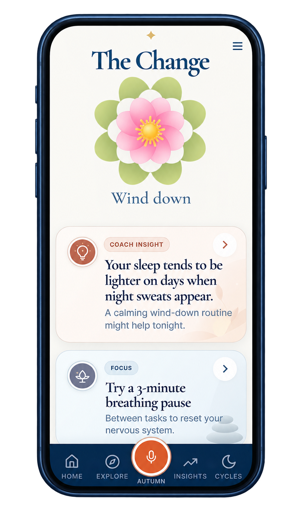 The Change Home screen in a rounded iPhone frame showing bloomflower coaching insights and Autumn navigation