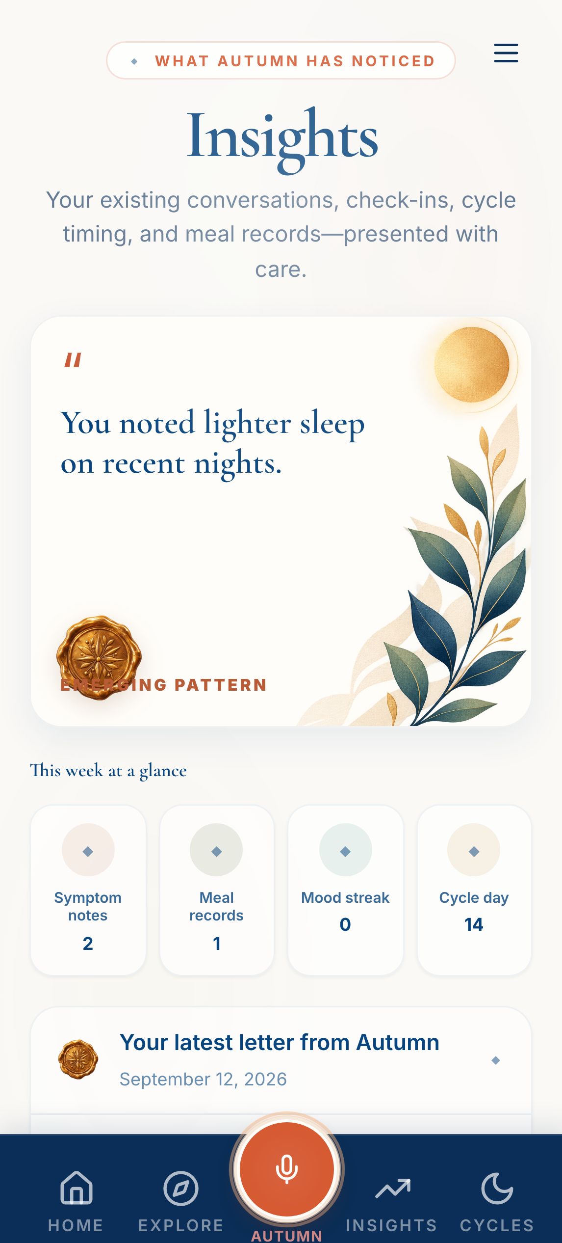 The Change Insights screen showing patterns across sleep and symptoms