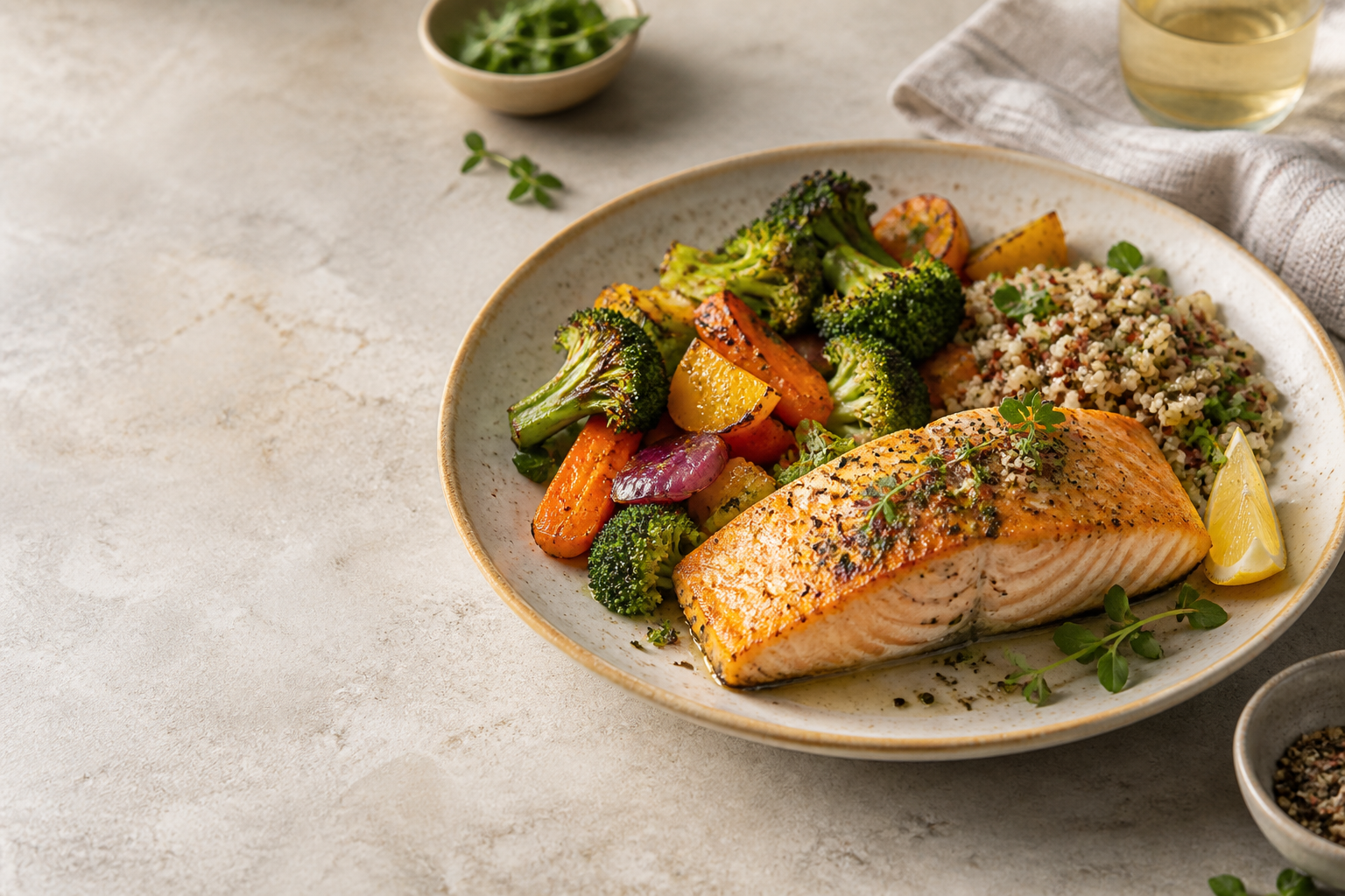Salmon with roasted vegetables and a whole-grain side