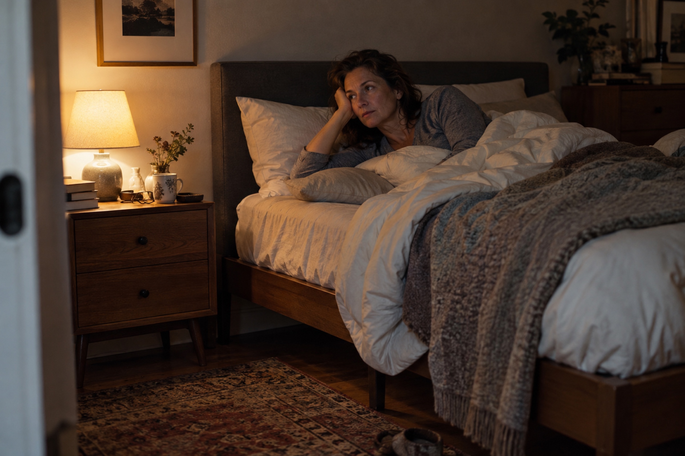 Woman awake in bed during the night, unable to fall back asleep.