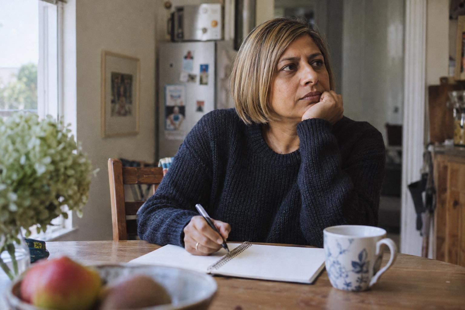 Woman with a short light-brown bob pausing with a pen over a blank notebook while gathering her thoughts.