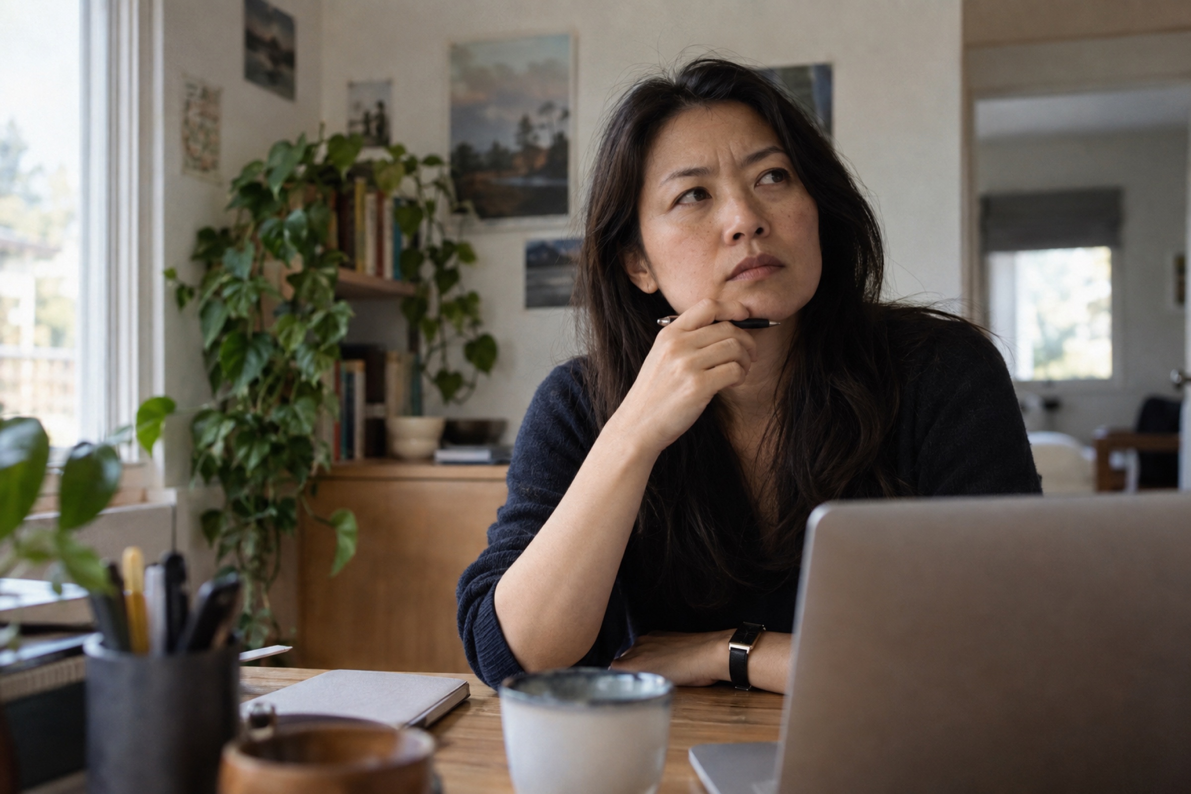 Woman working at a laptop pausing while trying to remember a word.