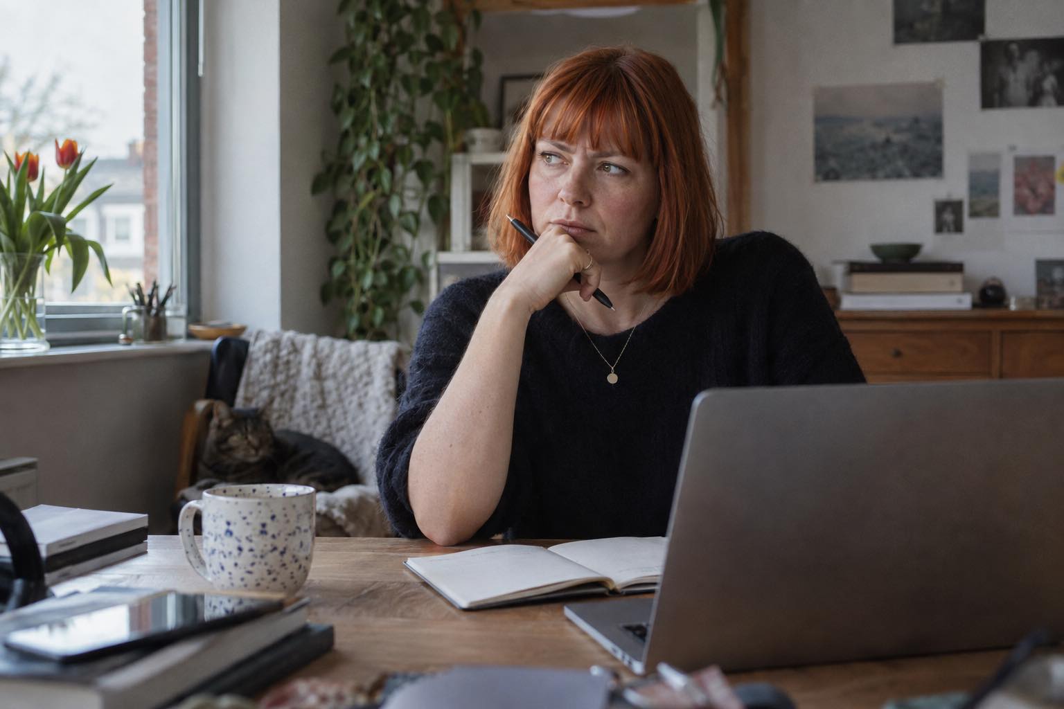 Red-haired woman at a home desk pausing with a pen while trying to concentrate.