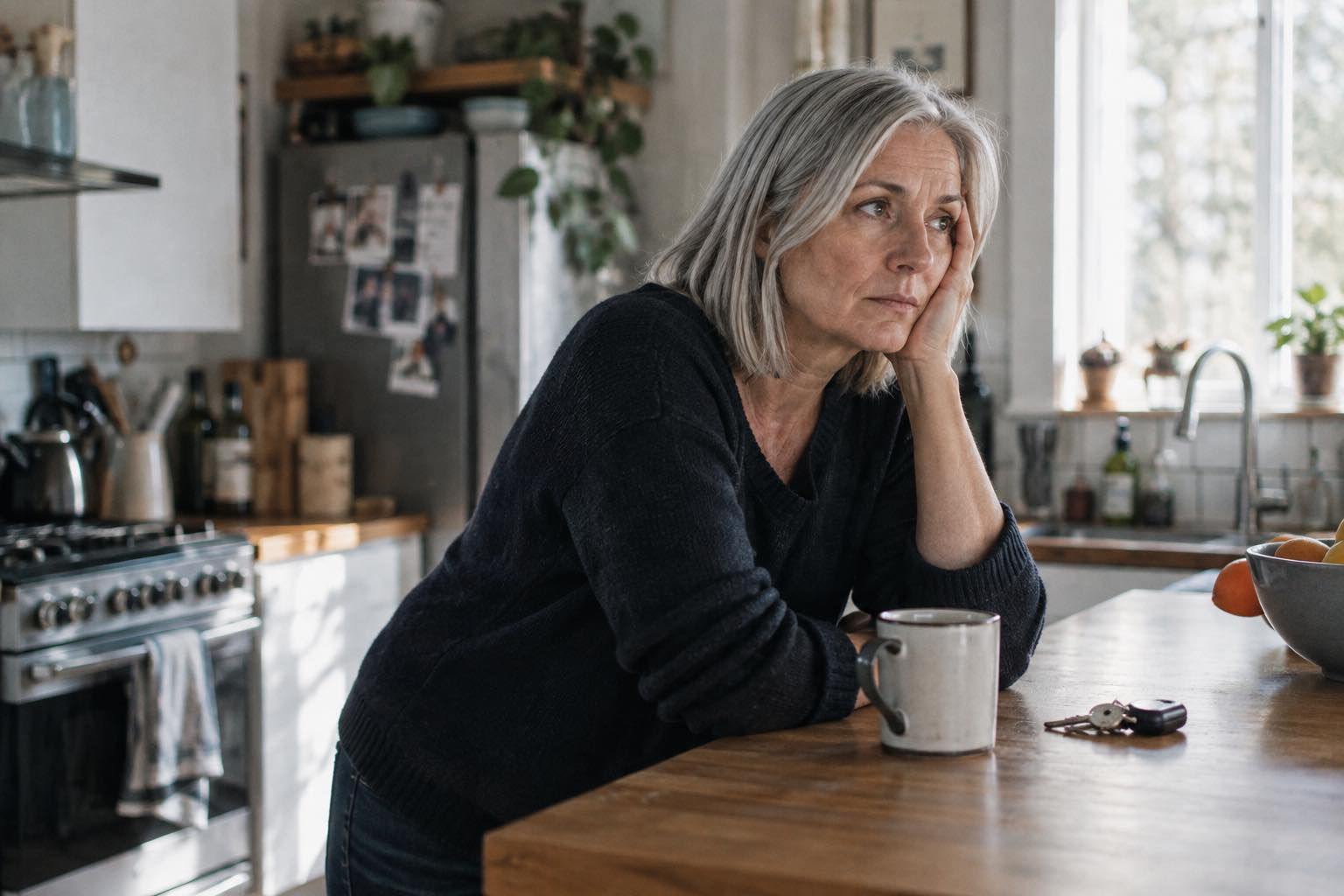 Silver-haired woman leaning on a kitchen counter with a mug and keys after a full night's sleep.