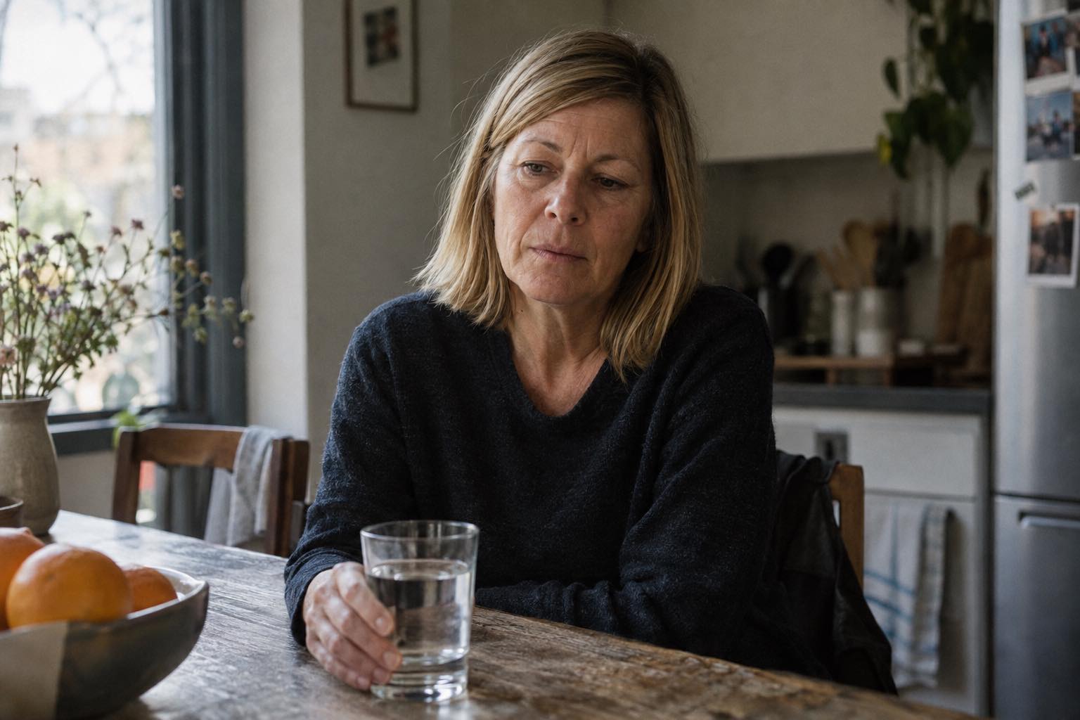 Blonde woman sitting at a kitchen table pausing with a glass of water during a headache.