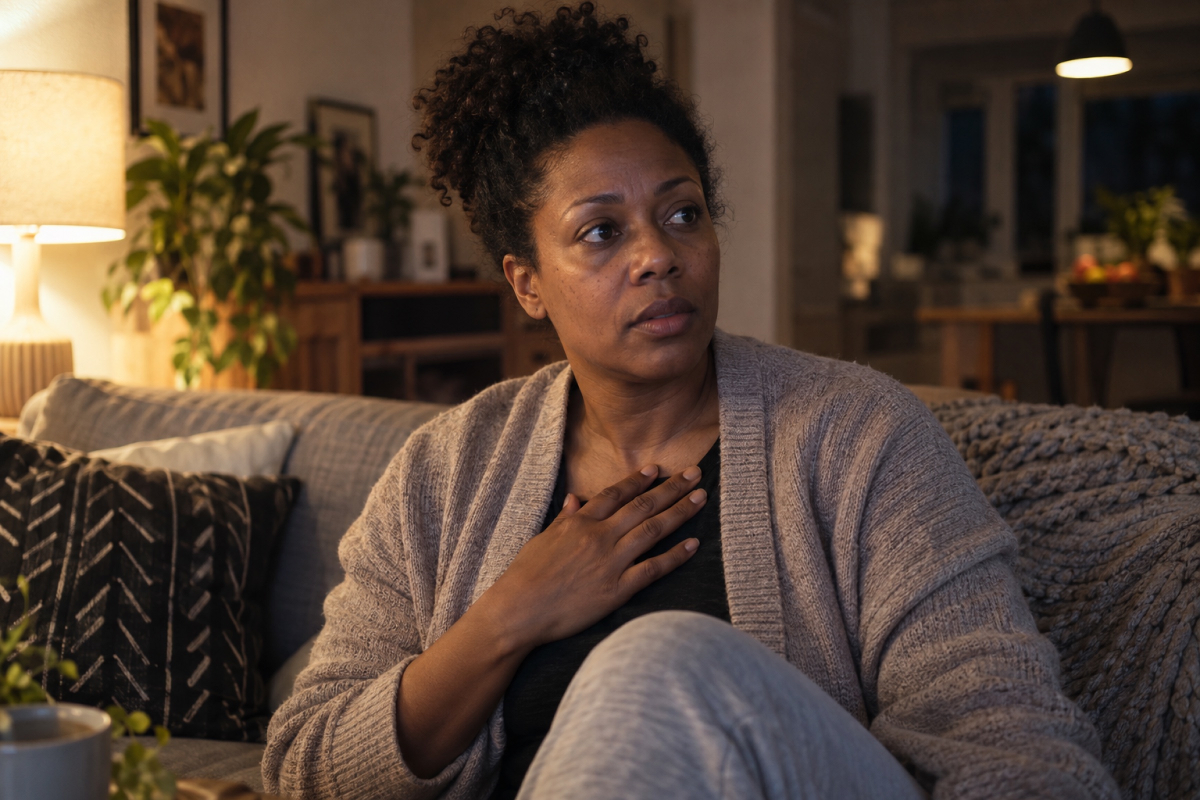 Woman at home resting a hand near her chest after noticing her heartbeat.