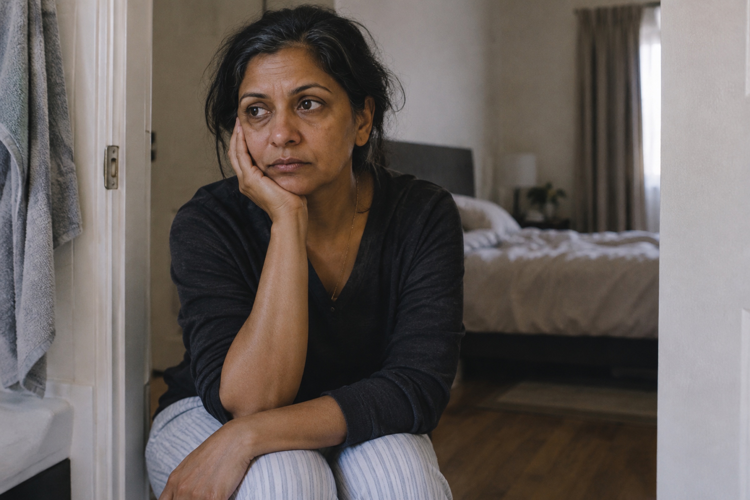 Woman sitting quietly at home looking concerned about a change in her period.