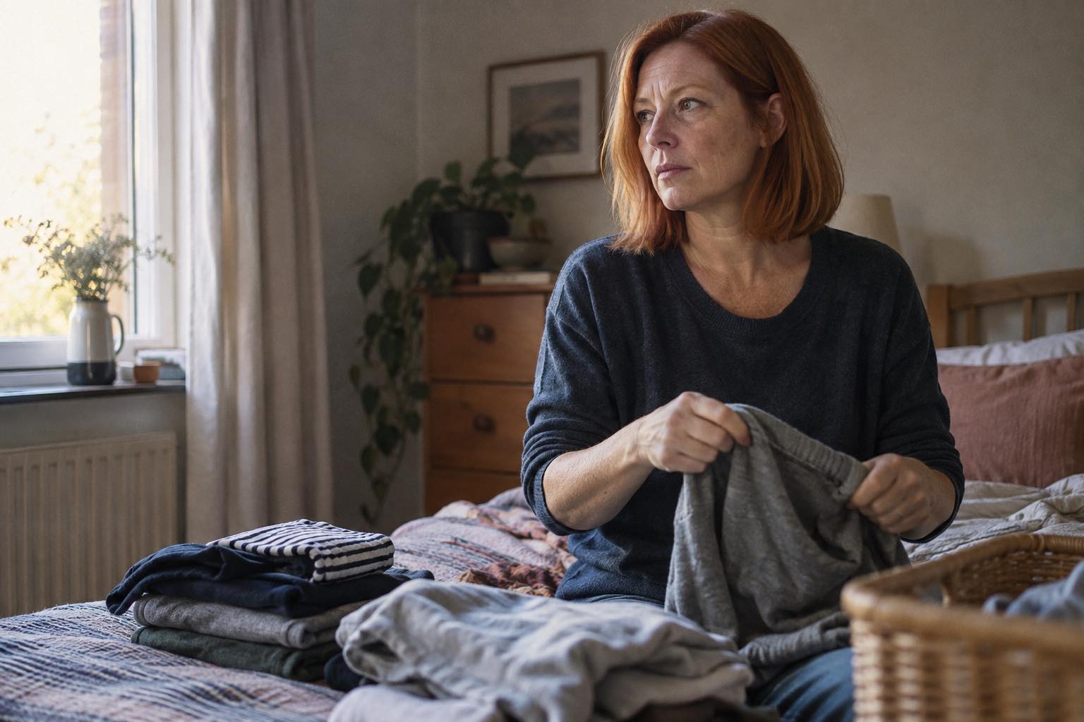 Red-haired woman sitting on a bed folding laundry while reflecting on a change in her periods.