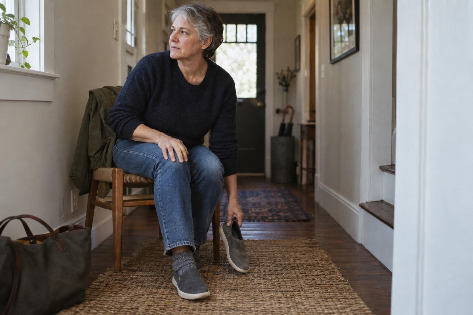 Woman sitting in a hallway pausing while putting on a shoe.