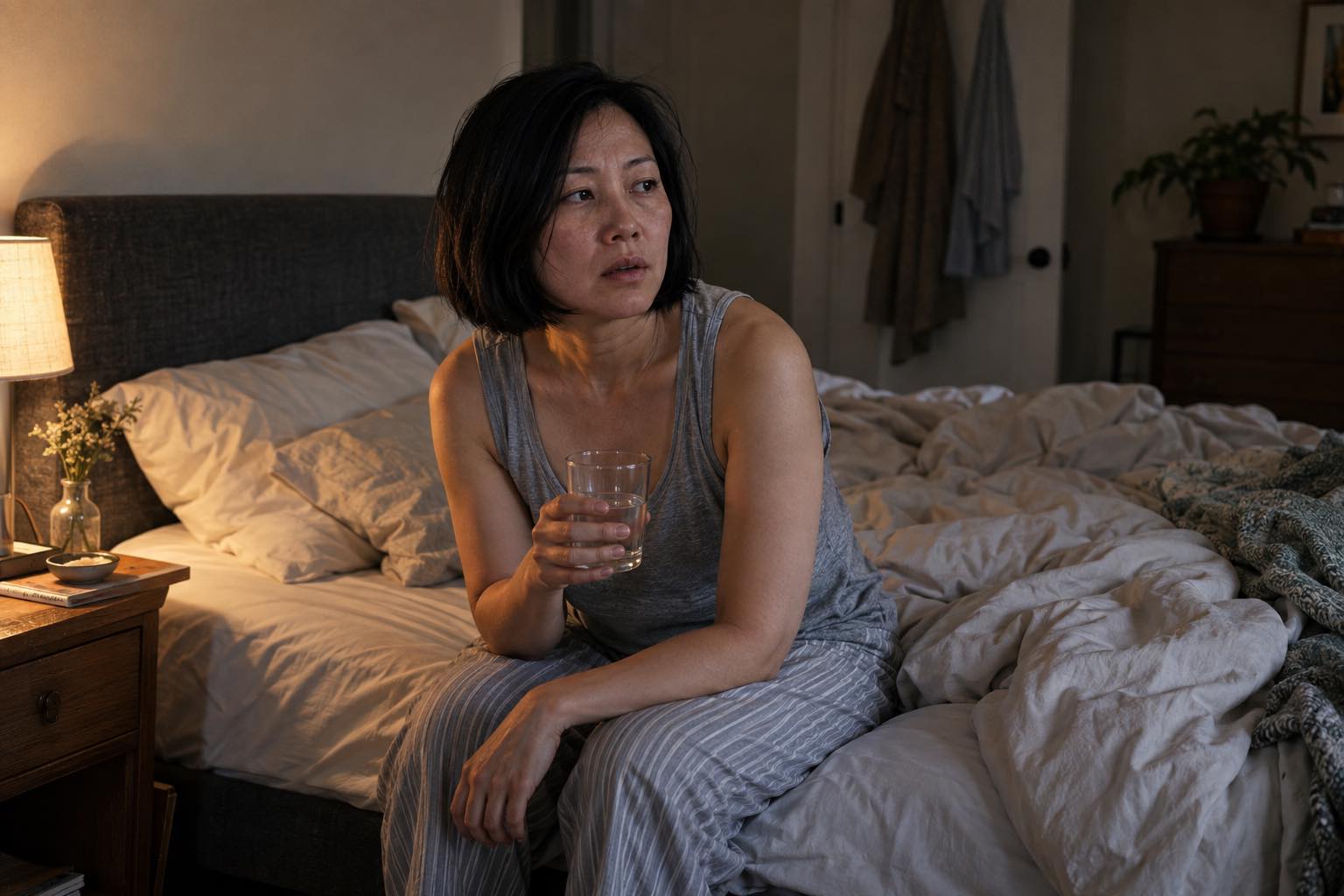 Woman sitting on the edge of a bed after waking sweaty and holding a glass of water.