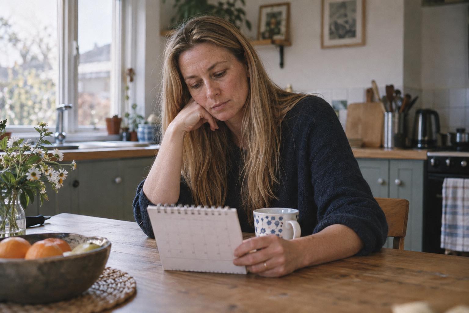 Blonde woman sitting at a kitchen table checking a calendar while noticing a change in her menstrual cycle.