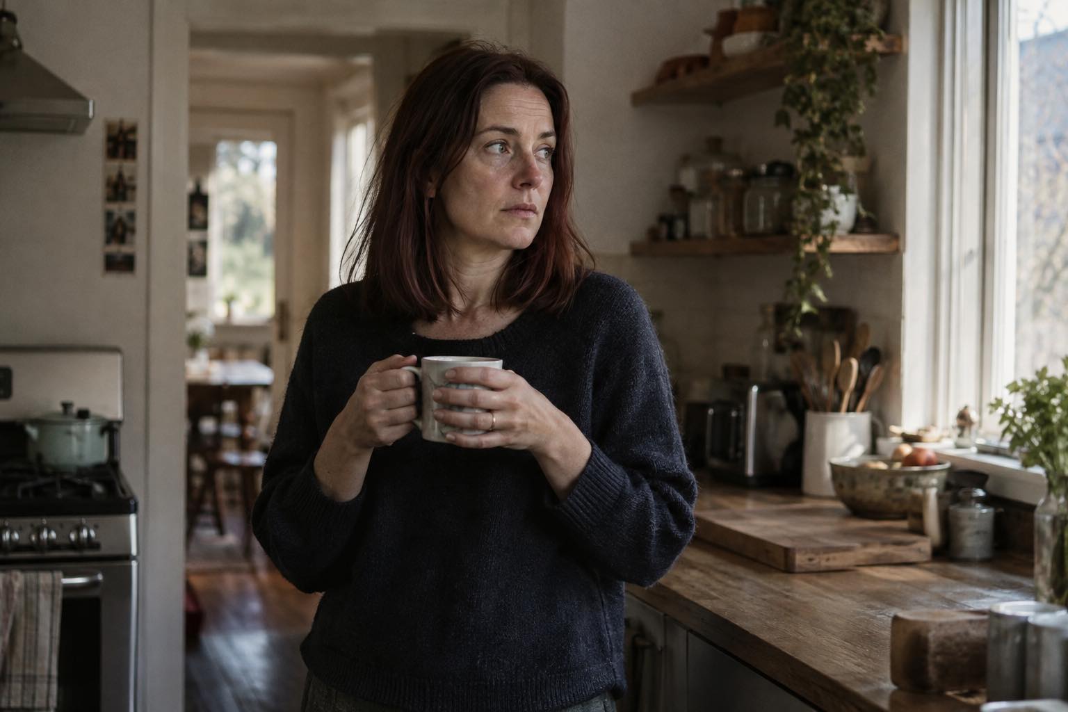 Red-haired woman pausing with a mug in a quiet kitchen while feeling anxious.