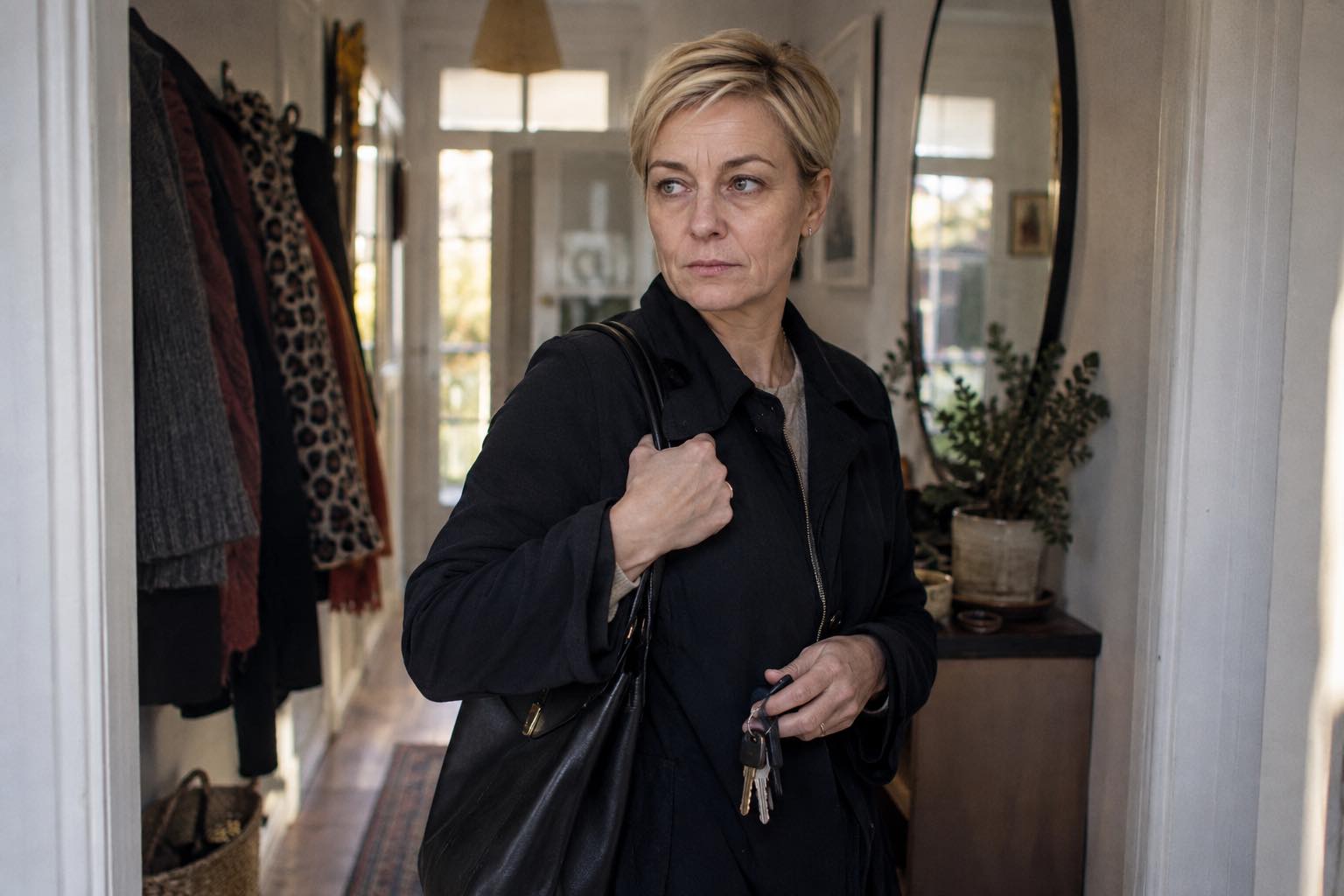 Blonde woman pausing in a hallway at home after a demanding day.