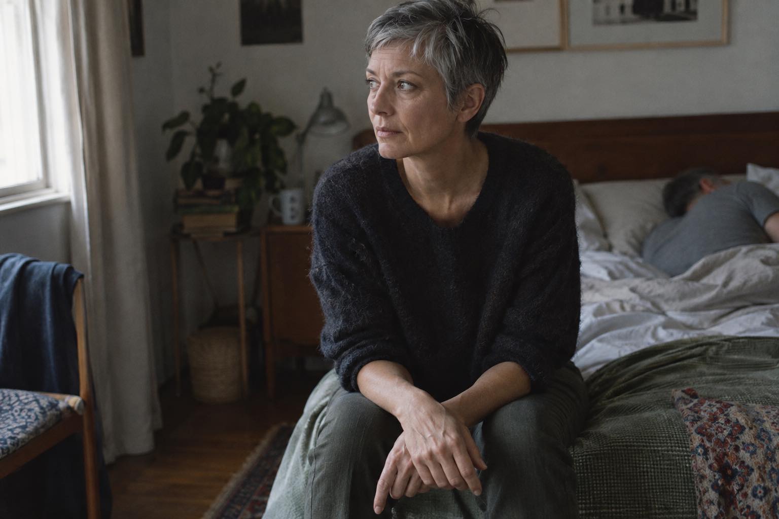 Woman with a short silver pixie haircut sitting on a bed looking thoughtful after an uncomfortable intimate experience.