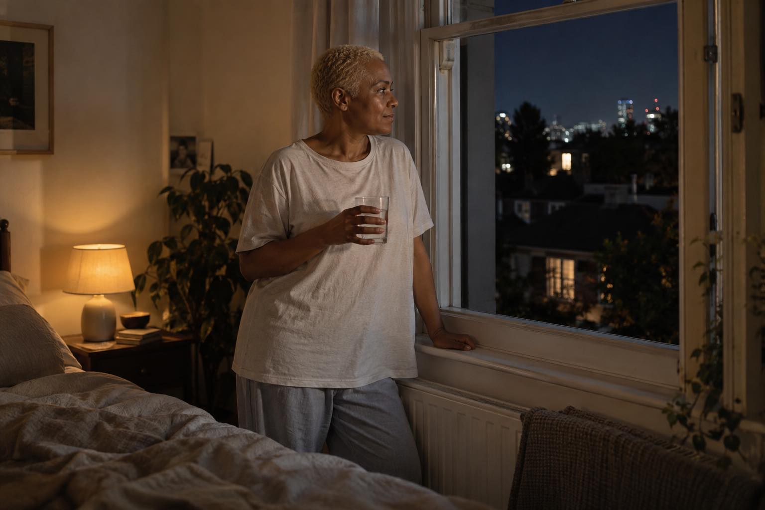 Woman in an oversized cotton sleep shirt standing by an open window at night after waking hot.