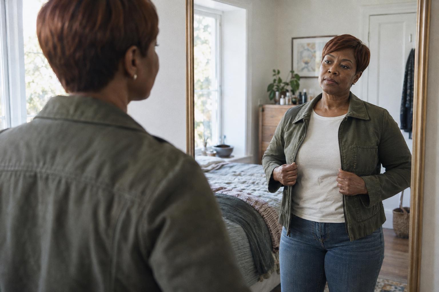 Woman with a short straight auburn pixie cut trying on an everyday jacket in front of a bedroom mirror.