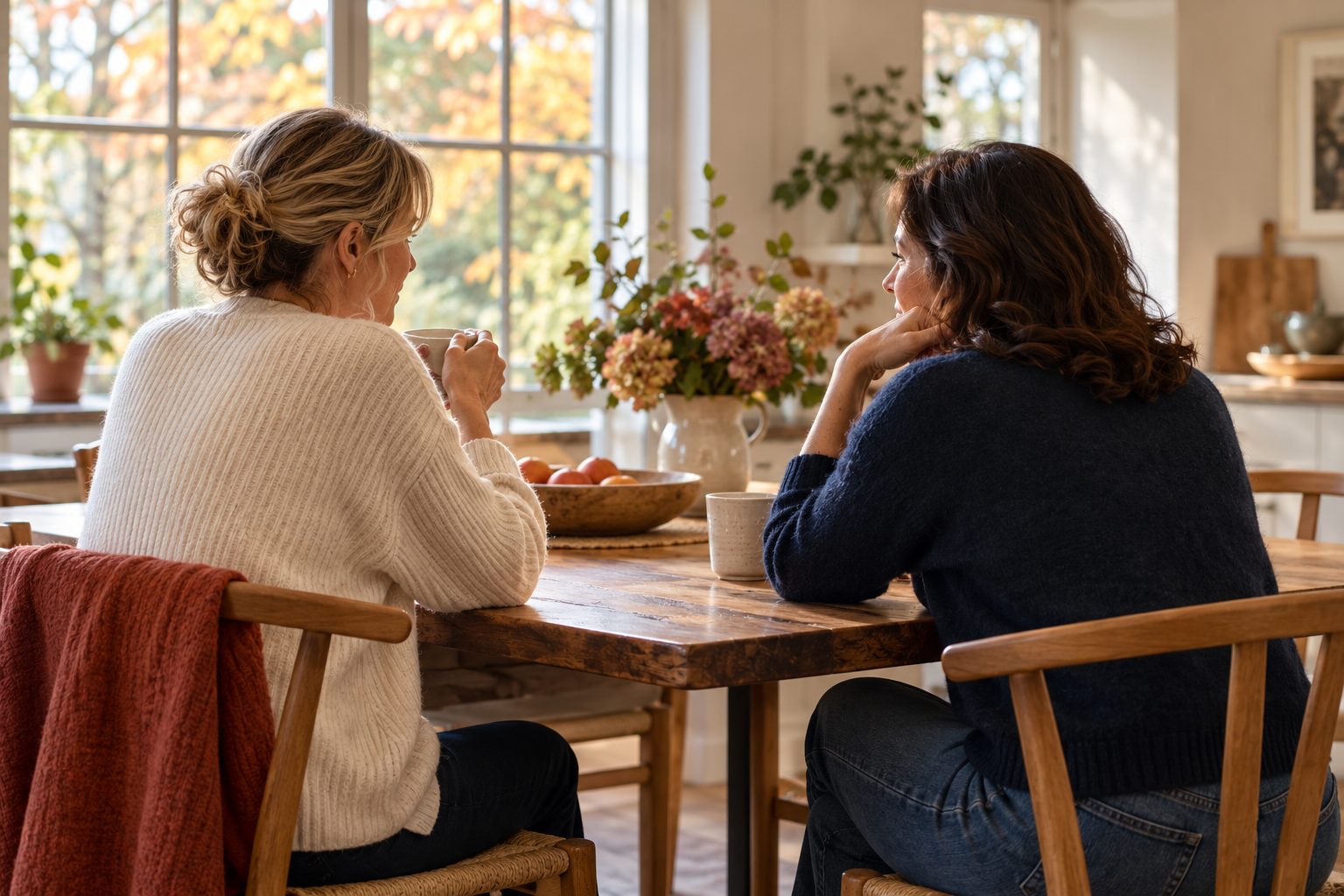 Two partners talk quietly at a kitchen table in soft autumn morning light.